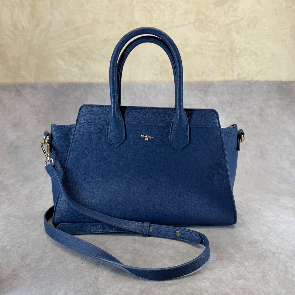 Fable England Satchel Handbag Women Medium Navy Blue Bee Charm Vegan Leather